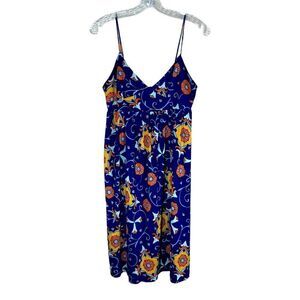 Nieves Lavi Floral Silk Baby Doll Summer Dress Retro Print Size 4 in Navy Blue